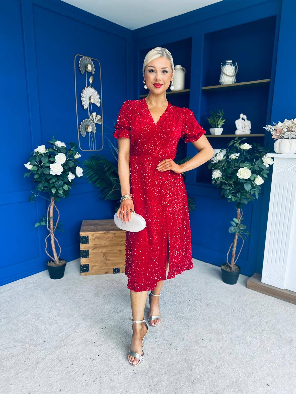 Phoebe Banded Sequin Midi Dress Red