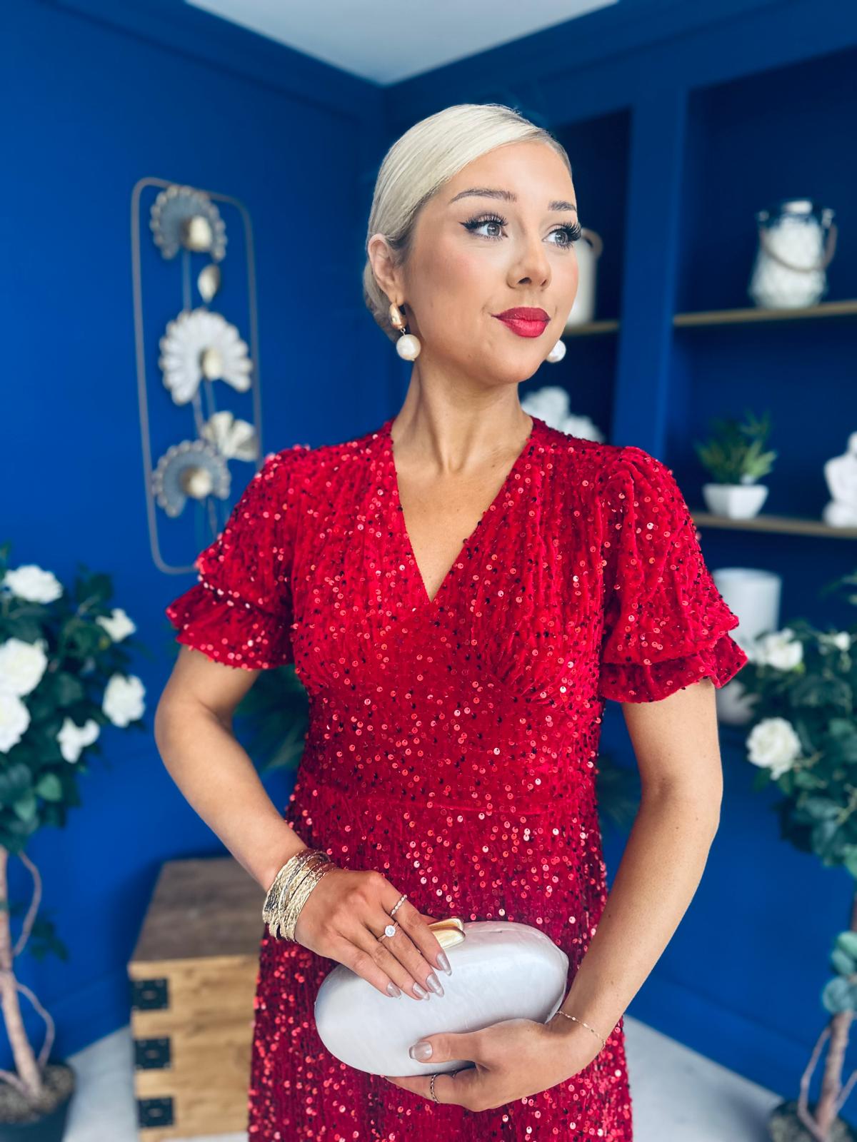 Phoebe Banded Sequin Midi Dress Red
