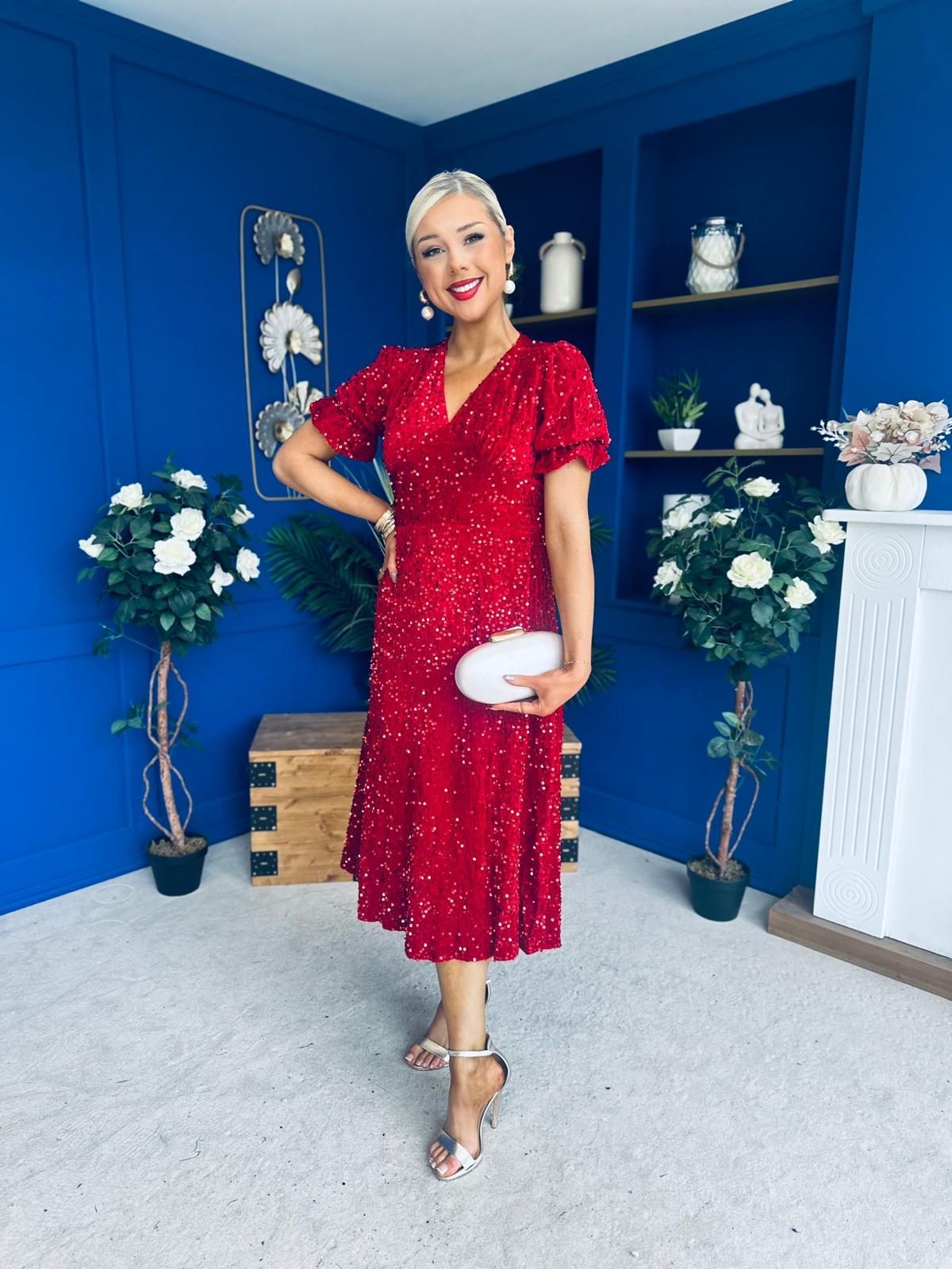Phoebe Banded Sequin Midi Dress Red
