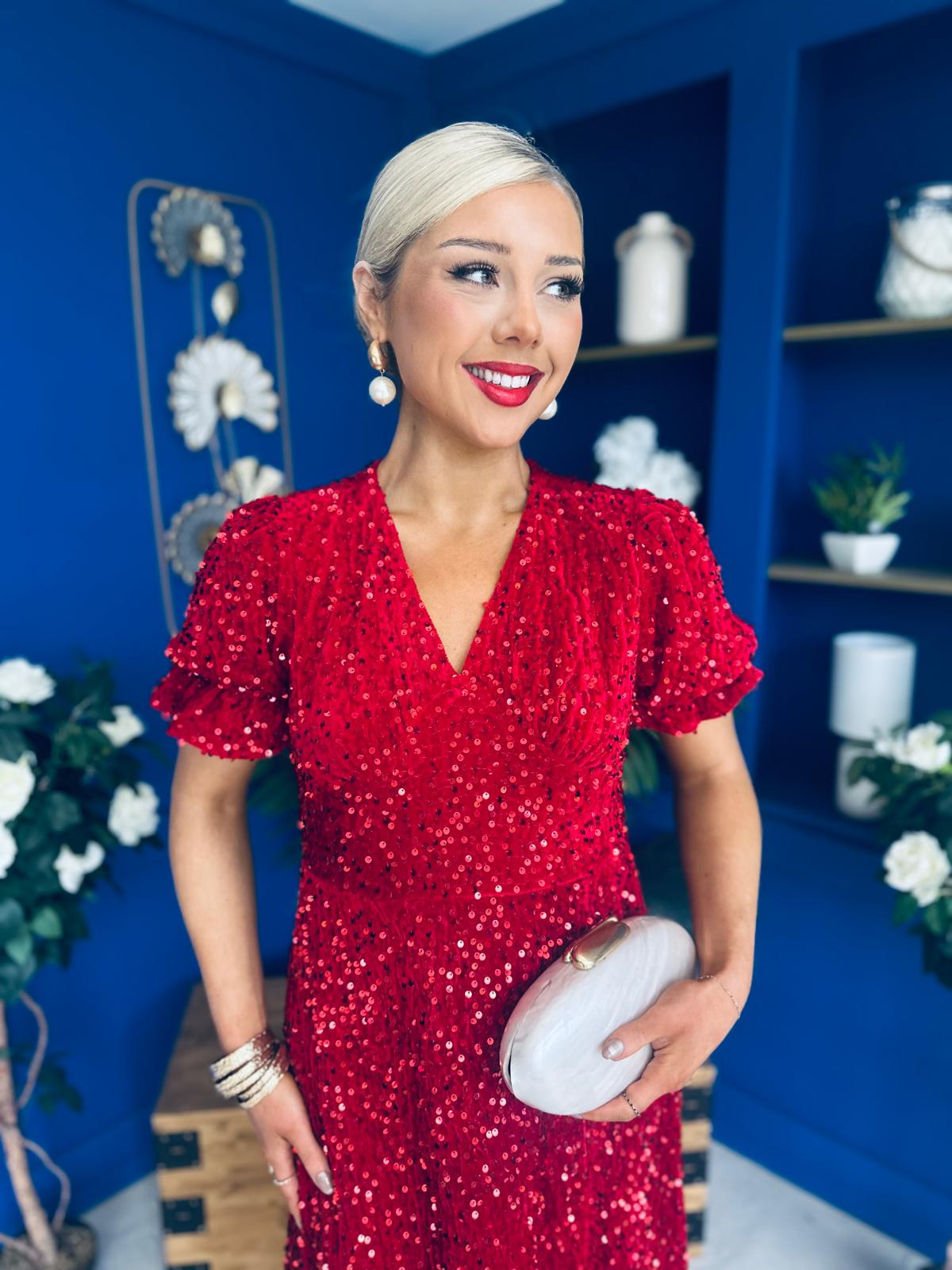 Phoebe Banded Sequin Midi Dress Red