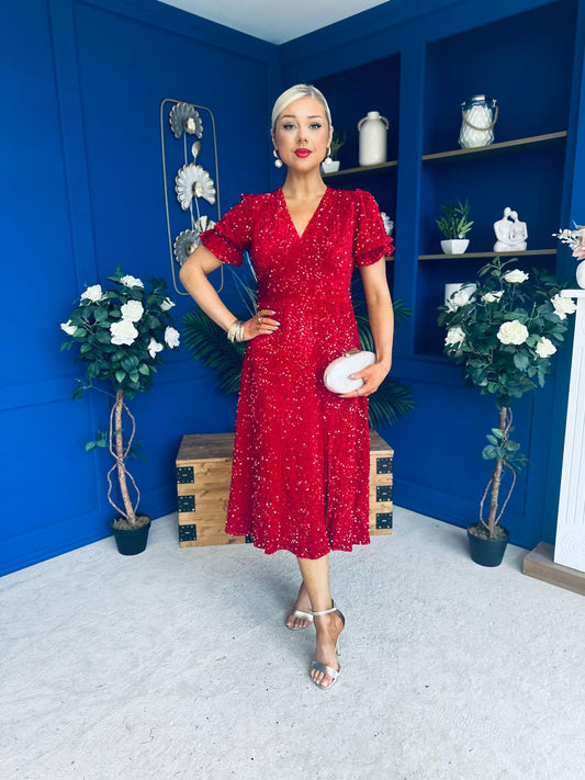 Phoebe Banded Sequin Midi Dress Red