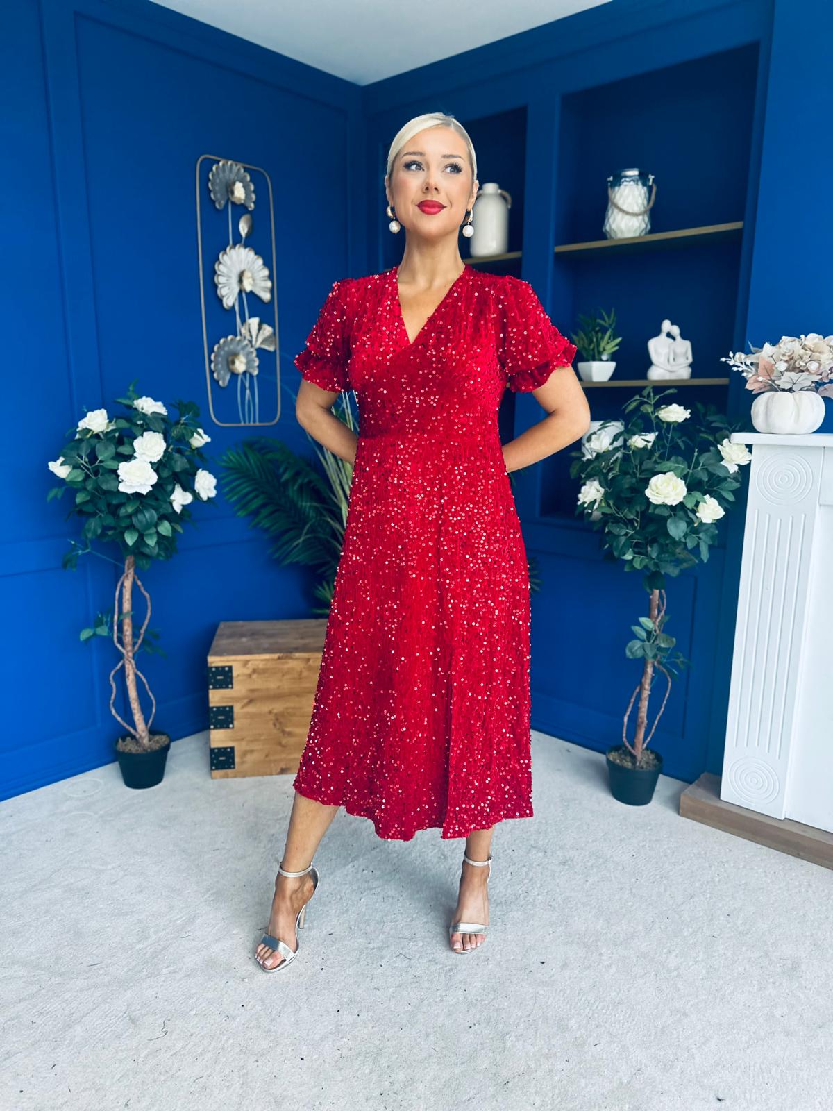 Phoebe Banded Sequin Midi Dress Red