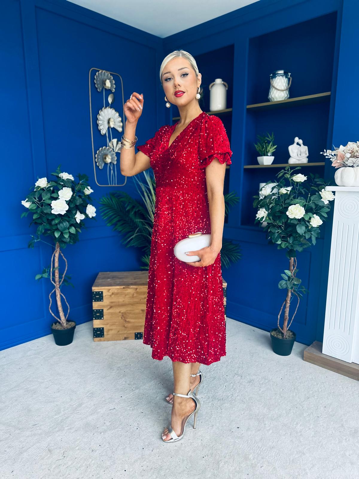 Phoebe Banded Sequin Midi Dress Red
