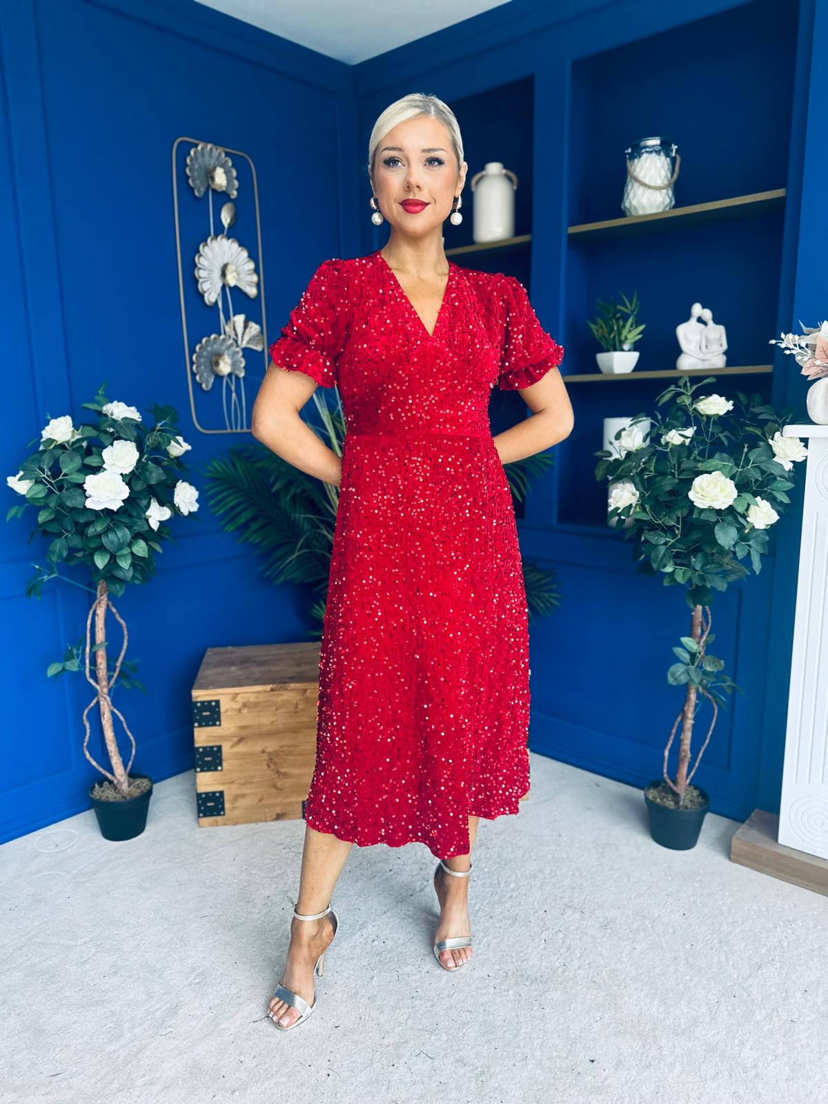 Phoebe Banded Sequin Midi Dress Red