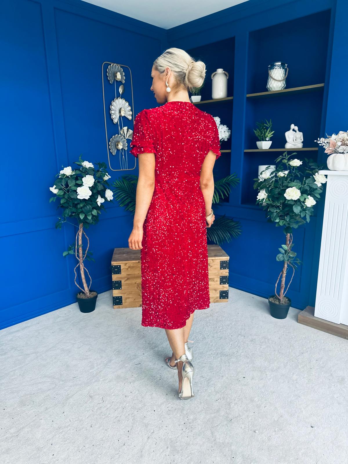 Phoebe Banded Sequin Midi Dress Red