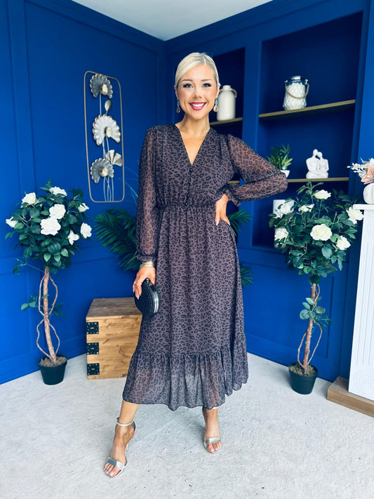 Zoe Banded Midi Dress Cheetah Chocolate
