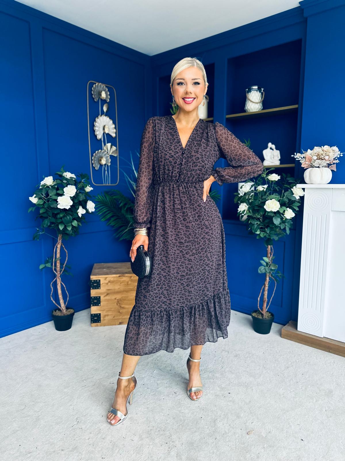 Zoe Banded Midi Dress Cheetah Chocolate