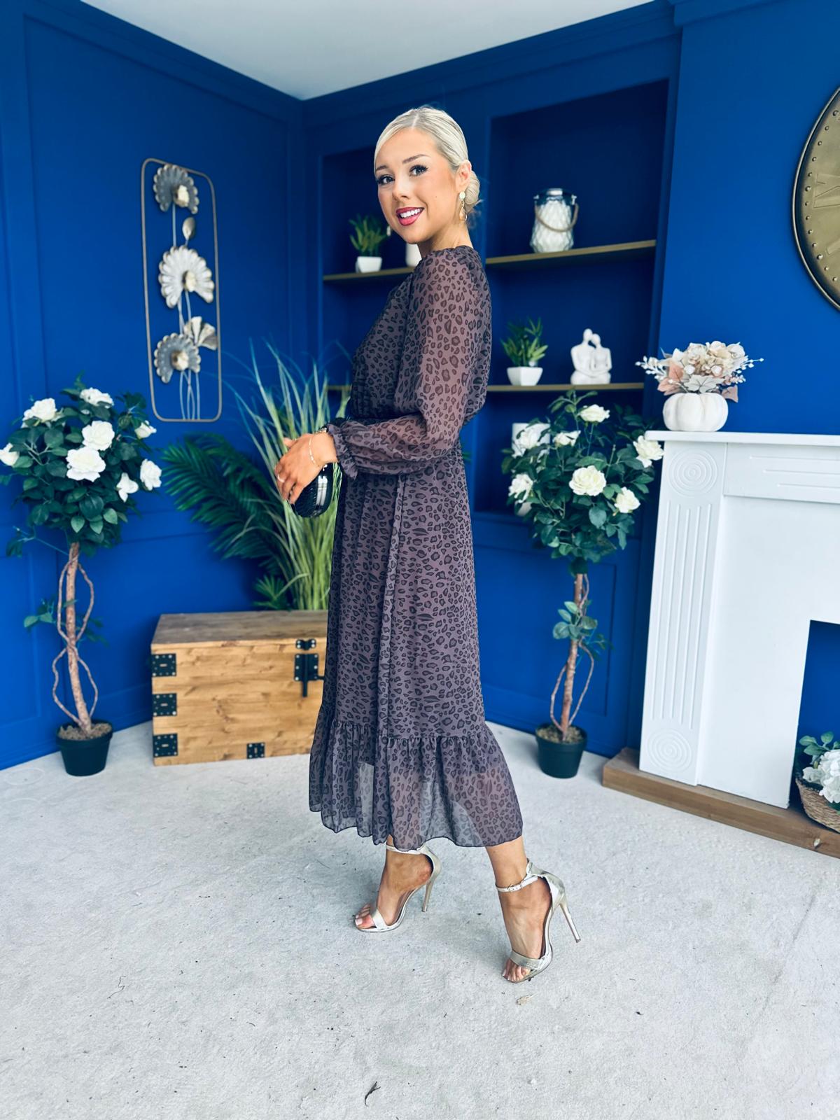 Zoe Banded Midi Dress Cheetah Chocolate