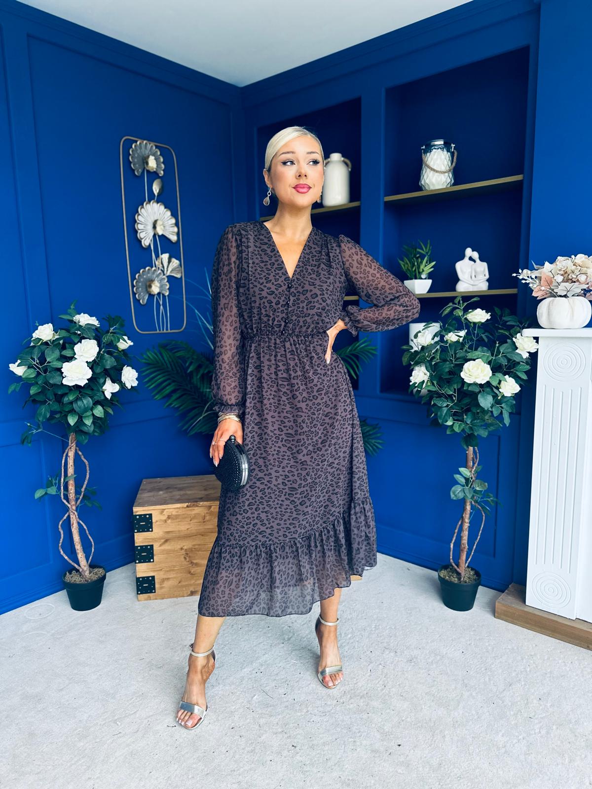 Zoe Banded Midi Dress Cheetah Chocolate