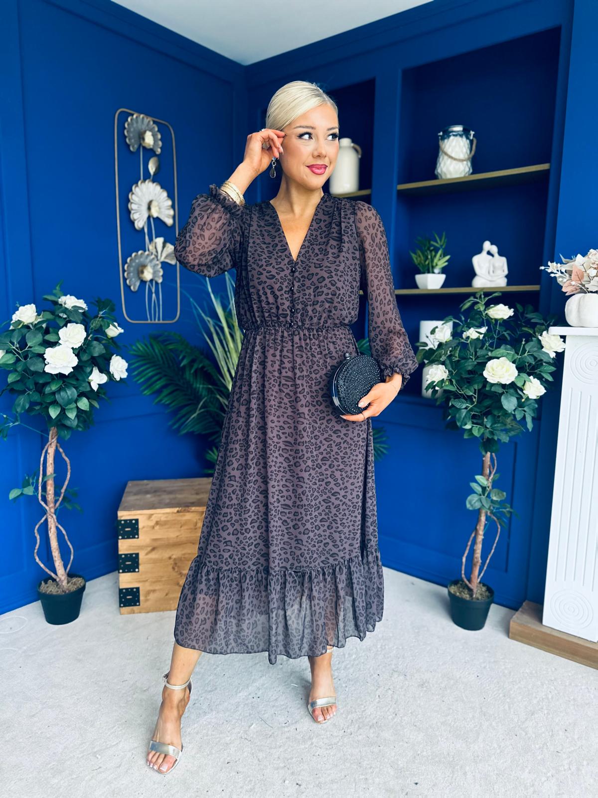 Zoe Banded Midi Dress Cheetah Chocolate