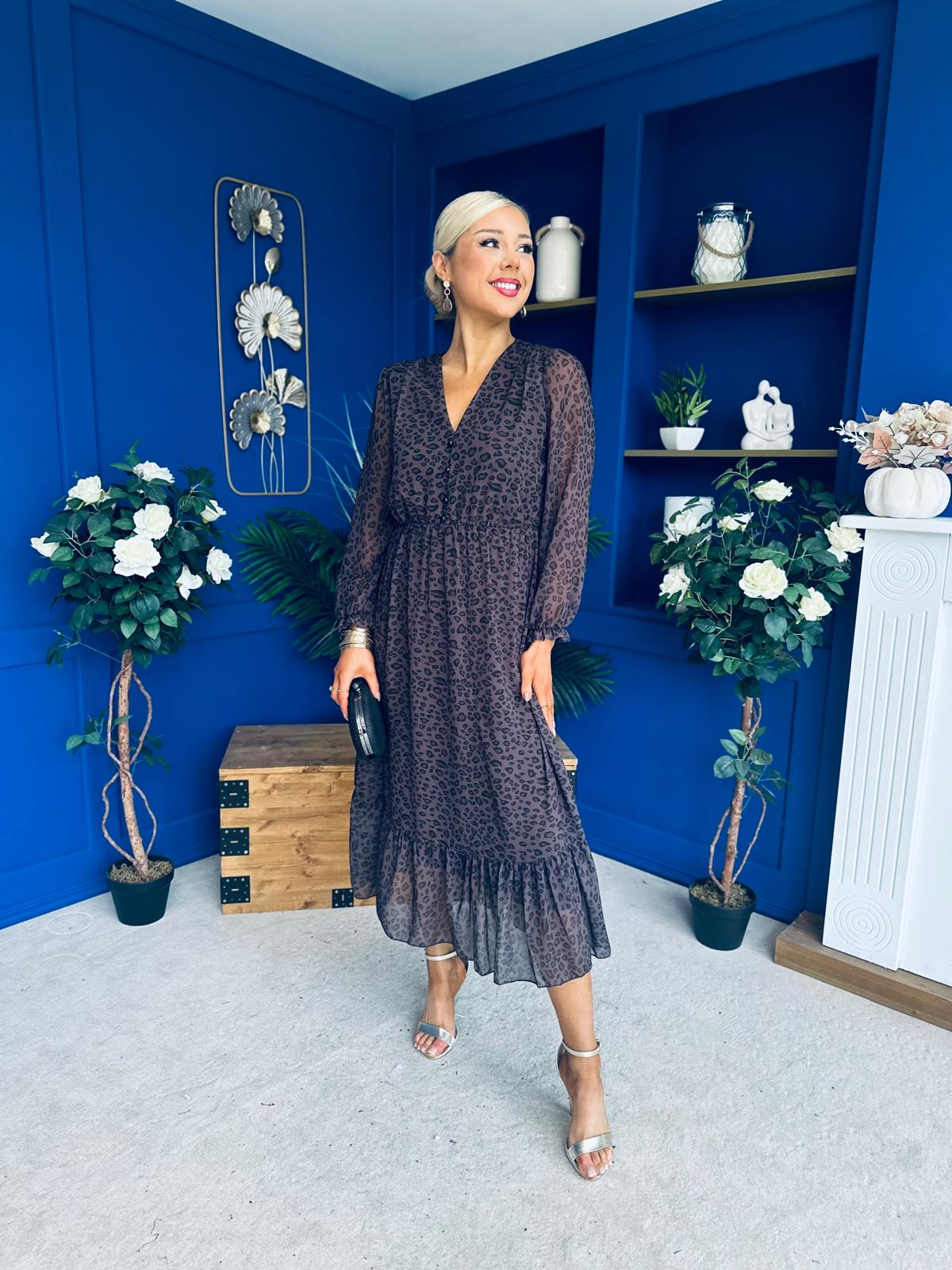 Zoe Banded Midi Dress Cheetah Chocolate