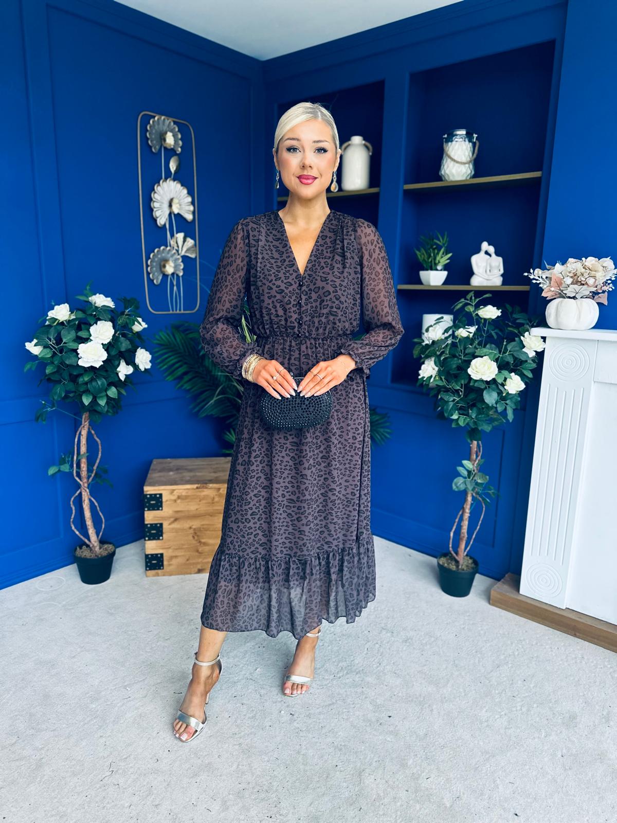 Zoe Banded Midi Dress Cheetah Chocolate