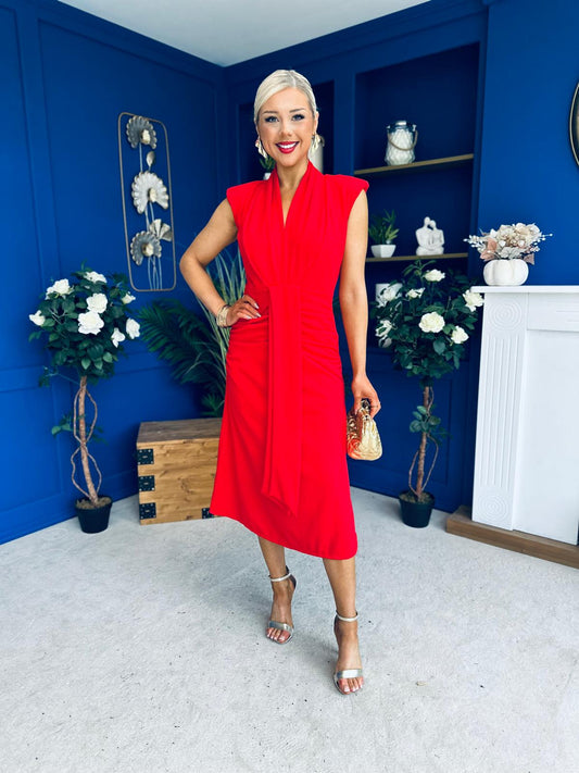 Quinn Drape Detail Midi Dress Red