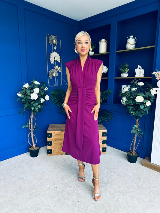 Quinn Drape Detail Midi Dress Berry