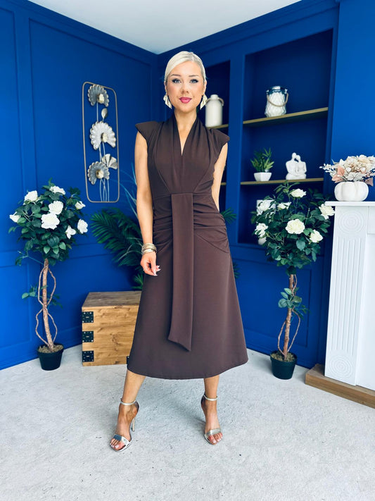 Quinn Drape Detail Midi Dress Chocolate
