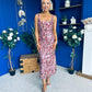 Lisbon Square Neck Sequin Midi Dress Gold & Pink