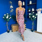 Lisbon Square Neck Sequin Midi Dress Gold & Pink