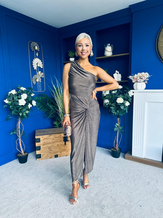 Emelda Shimmer One Shoulder Midi Dress