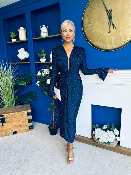 Ashley Studded Plunge Midi Dress Navy