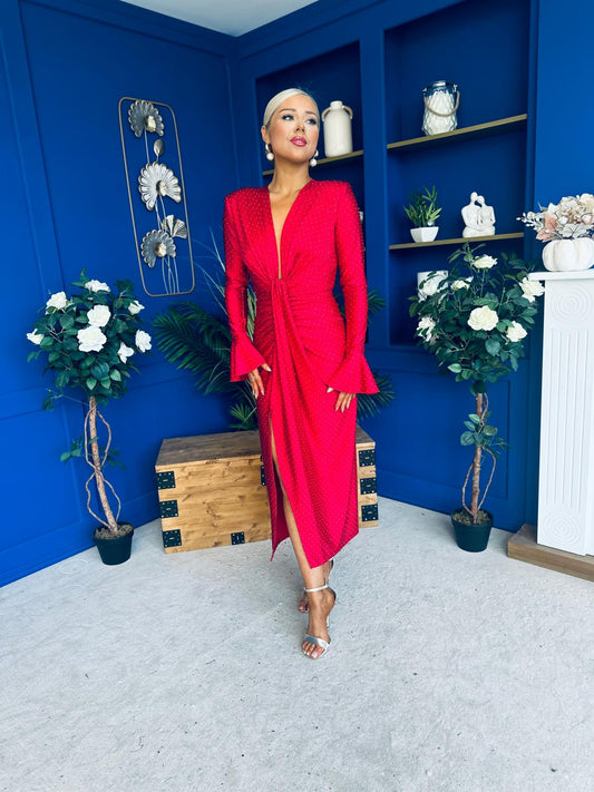 Ashley Studded Plunge Midi Dress Red