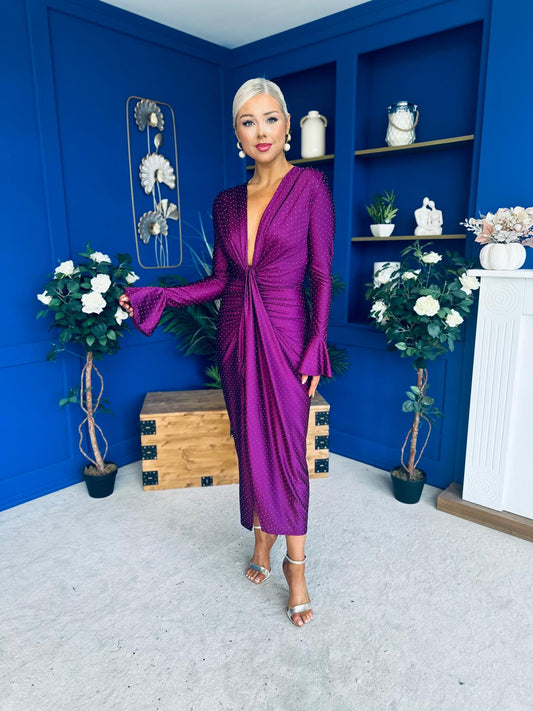 Ashley Studded Plunge Midi Dress Violet