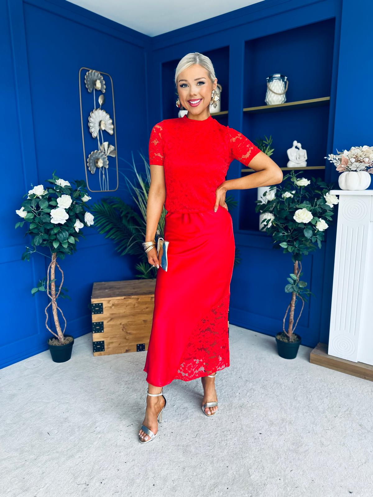 Hollie Detail Top & Satin Skirt Set Red