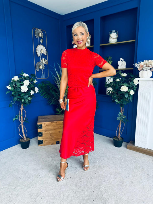 Hollie Detail Top & Satin Skirt Set Red