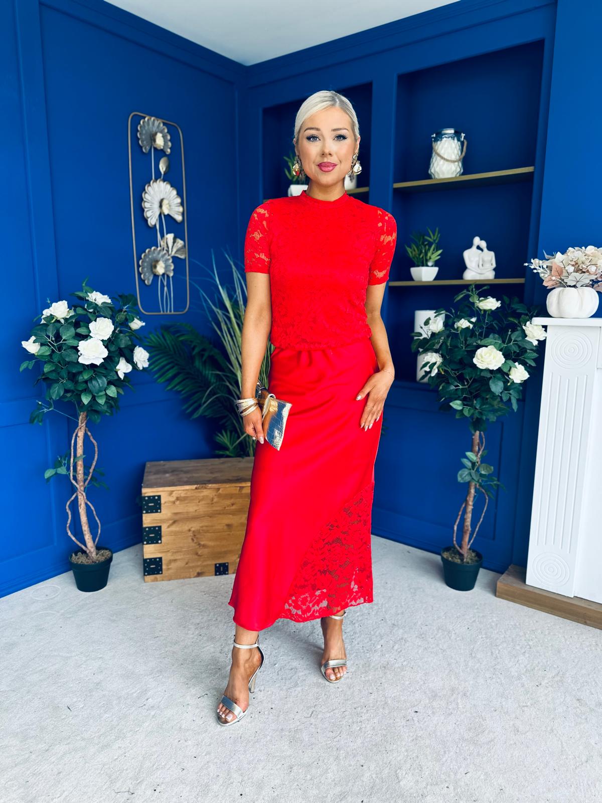 Hollie Detail Top & Satin Skirt Set Red