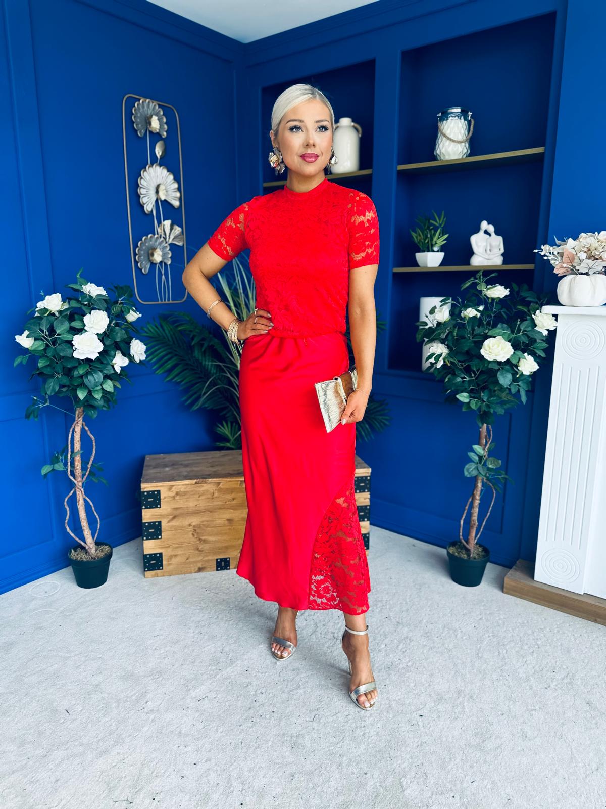 Hollie Detail Top & Satin Skirt Set Red