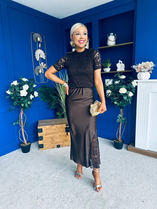 Hollie Detail Top & Satin Skirt Set Chocolate