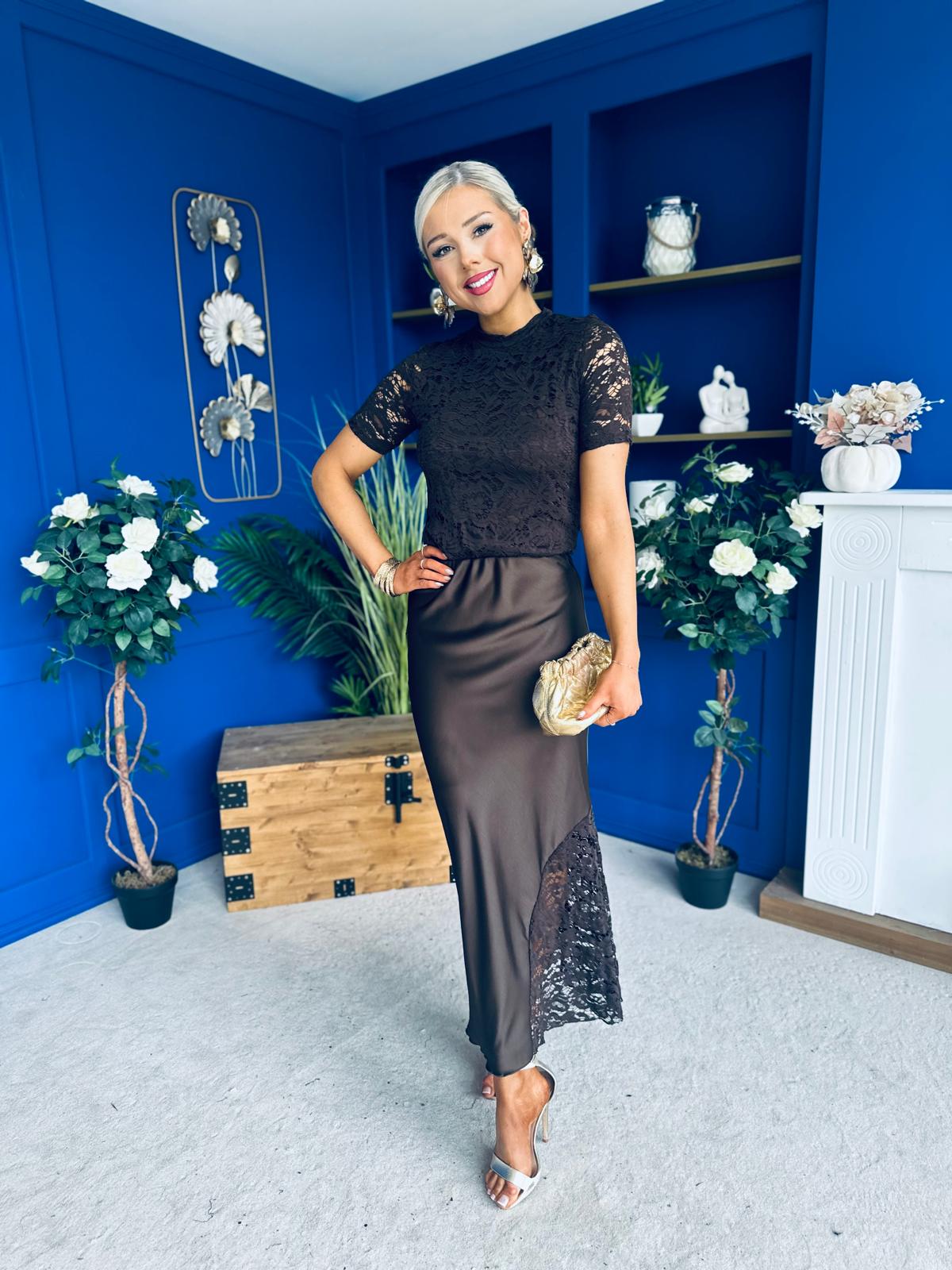 Hollie Detail Top & Satin Skirt Set Chocolate