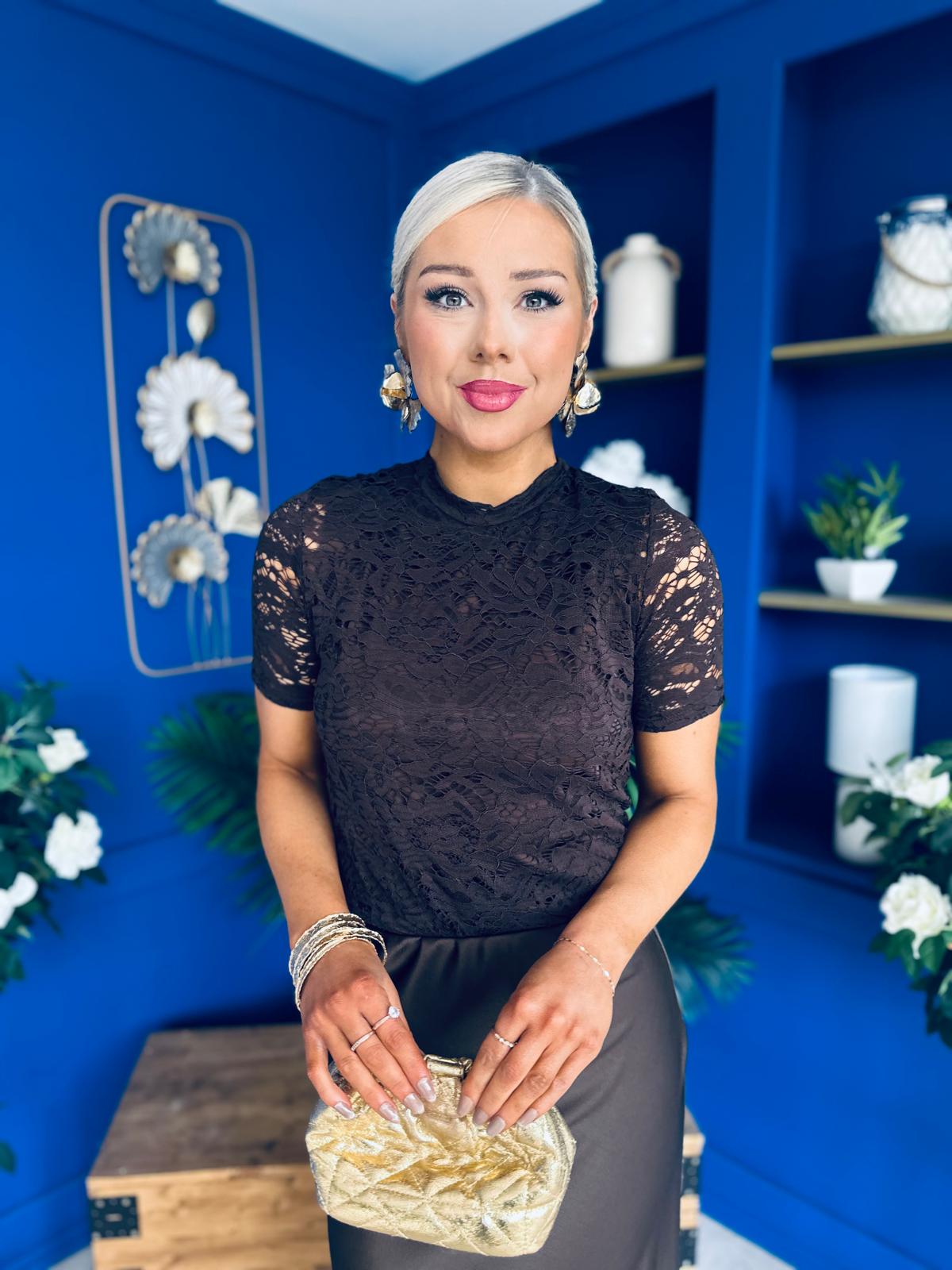 Hollie Detail Top & Satin Skirt Set Chocolate