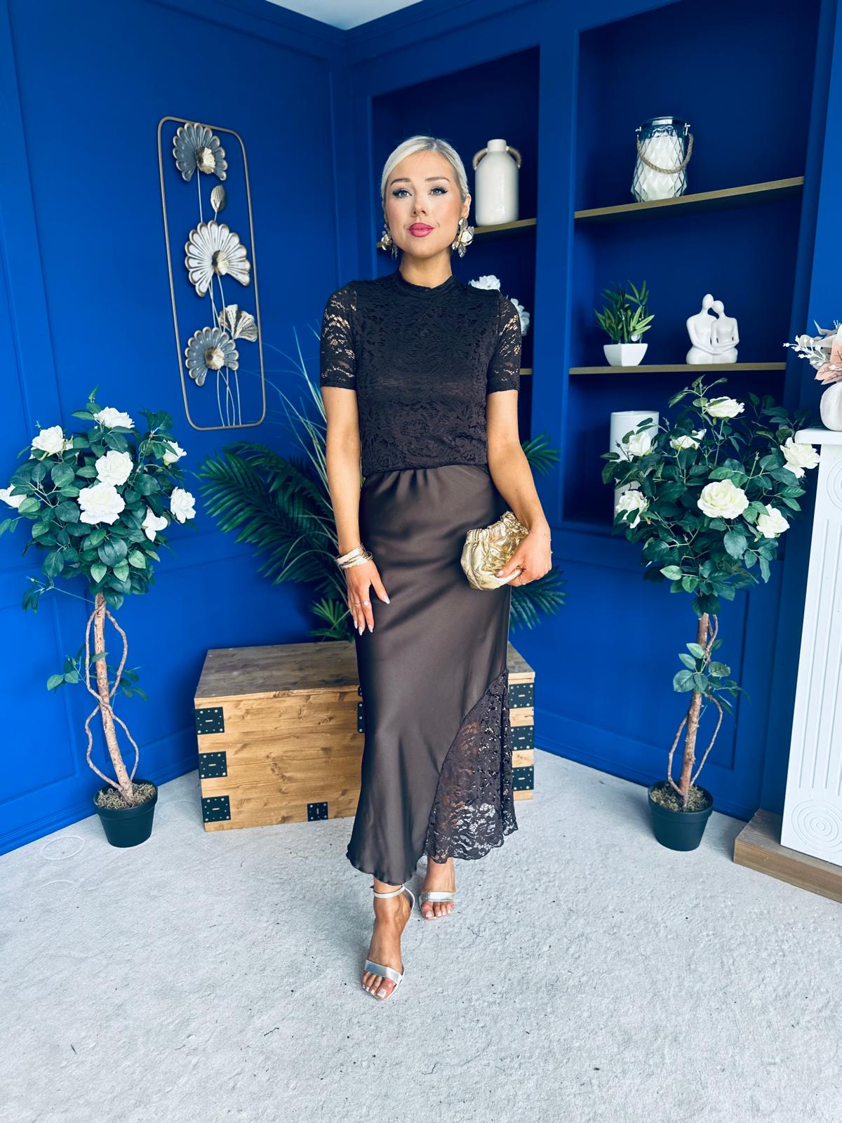 Hollie Detail Top & Satin Skirt Set Chocolate