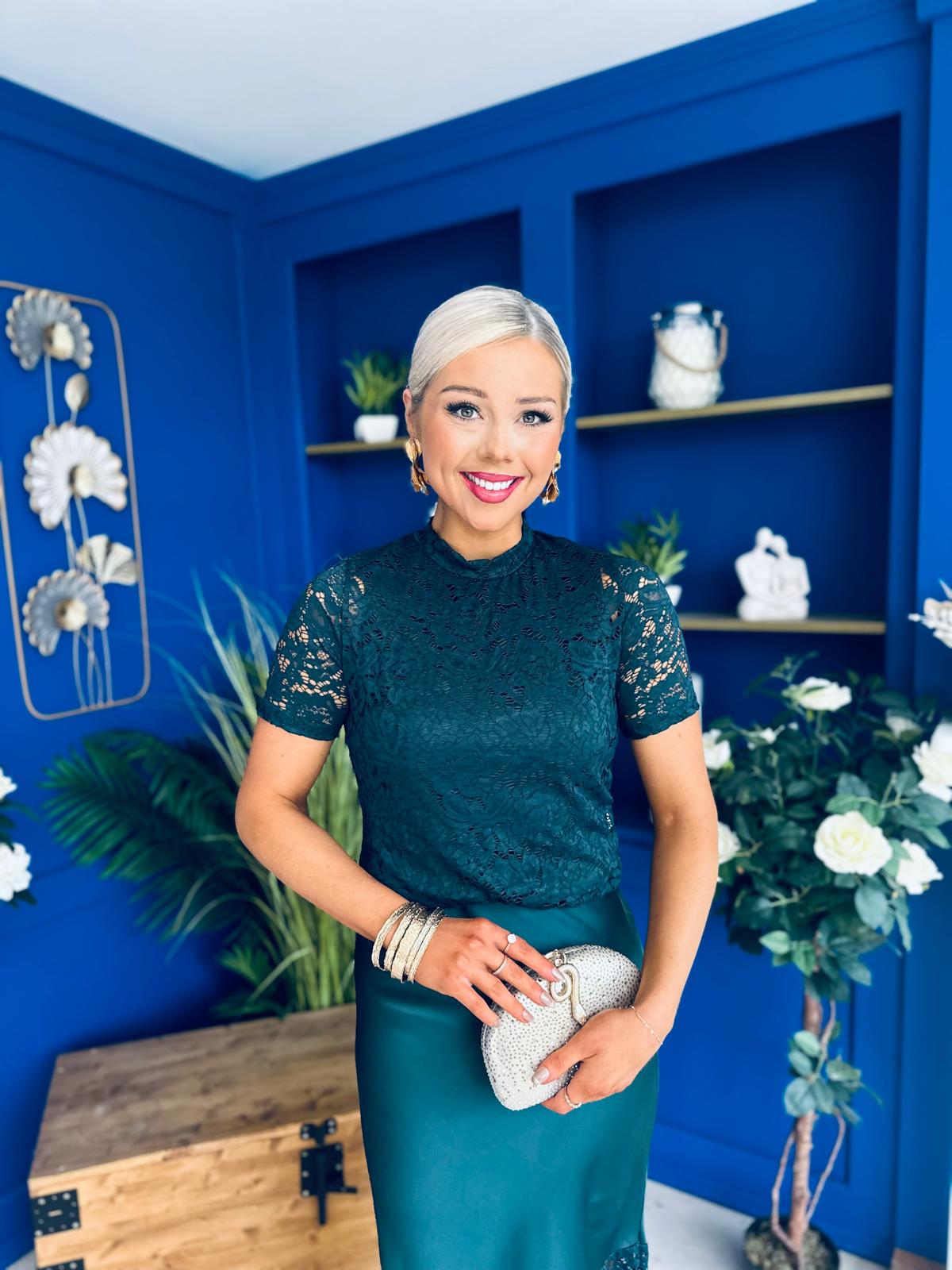 Hollie Detail Top & Satin Skirt Set Forest