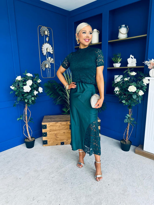 Hollie Detail Top & Satin Skirt Set Forest