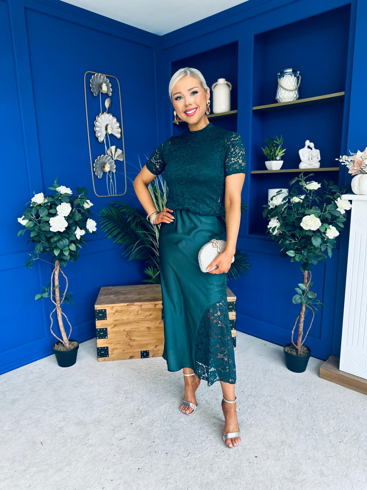 Hollie Detail Top & Satin Skirt Set Forest