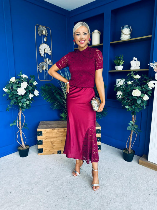Hollie Detail Top & Satin Skirt Set Wine