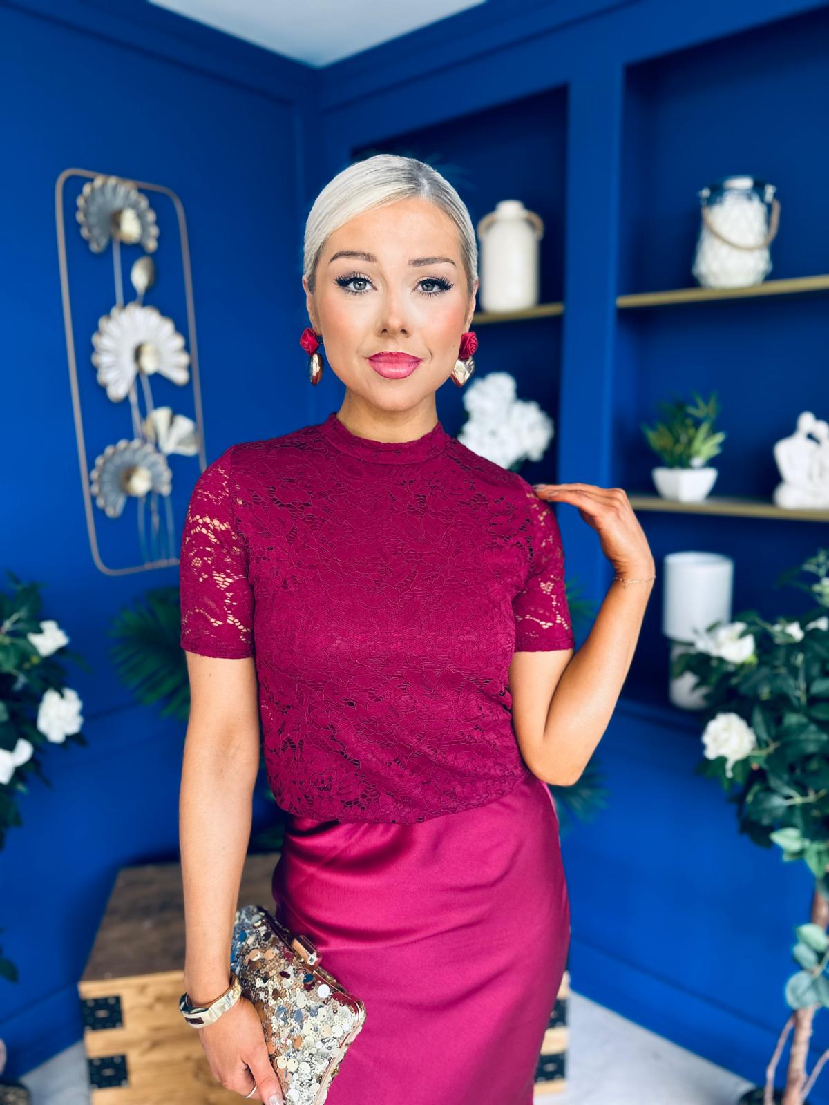 Hollie Detail Top & Satin Skirt Set Wine