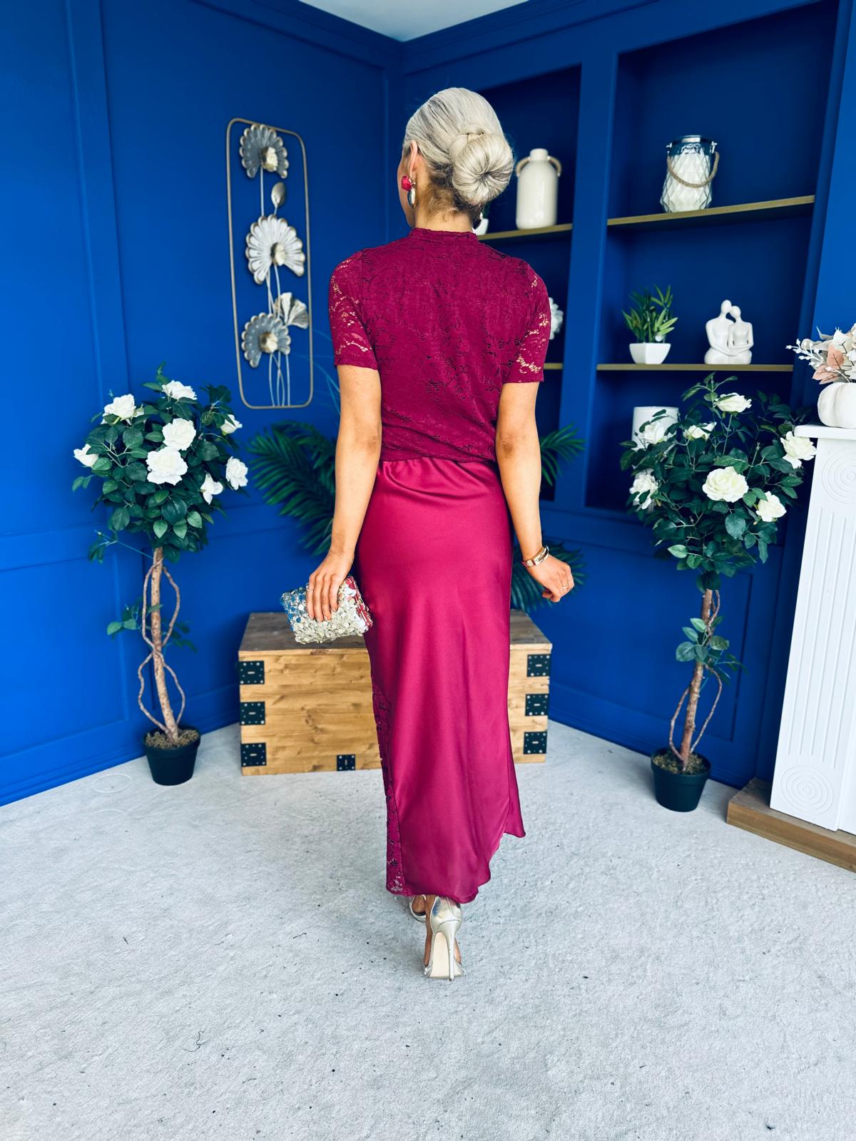 Hollie Detail Top & Satin Skirt Set Wine