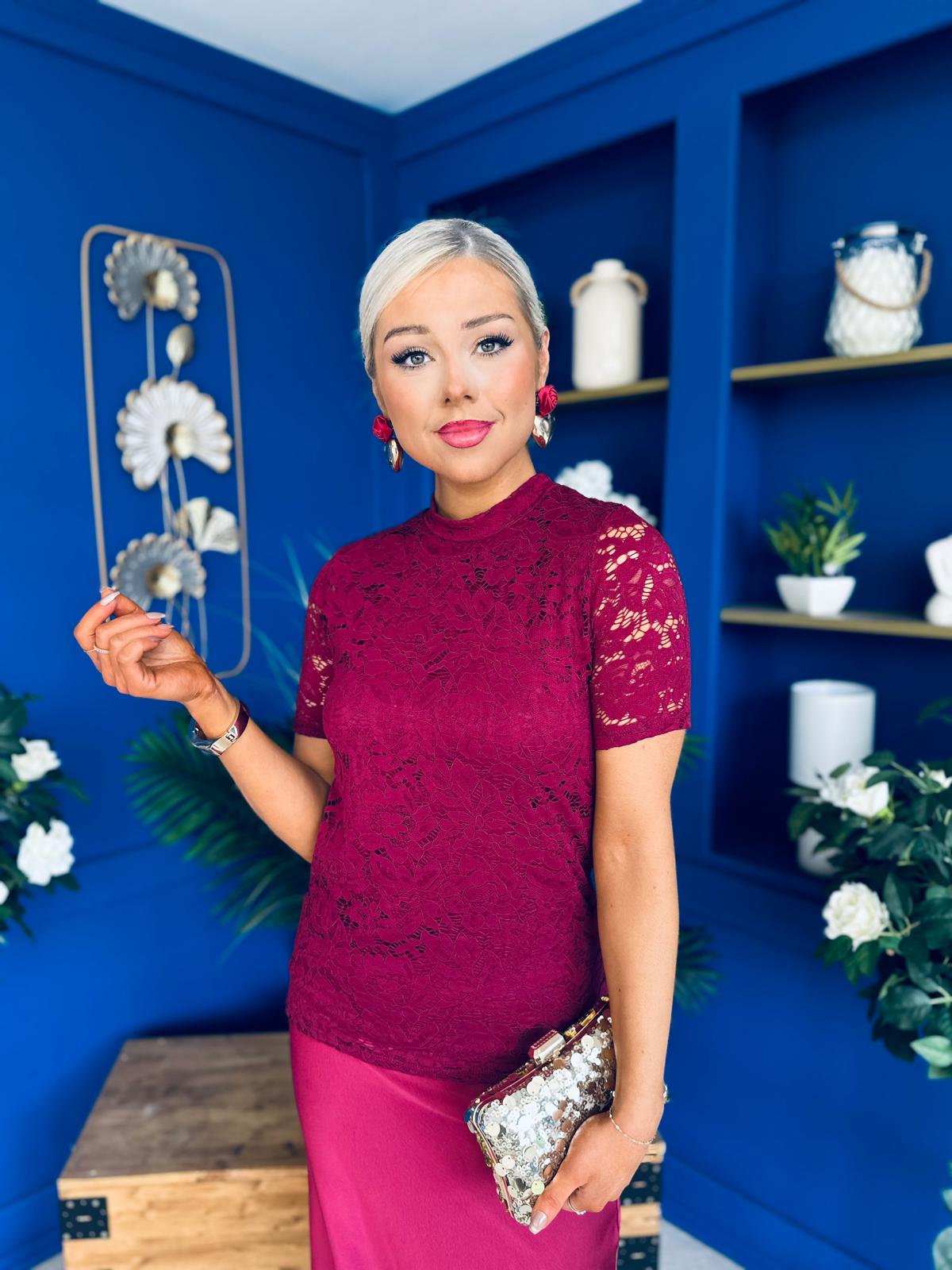 Hollie Detail Top & Satin Skirt Set Wine