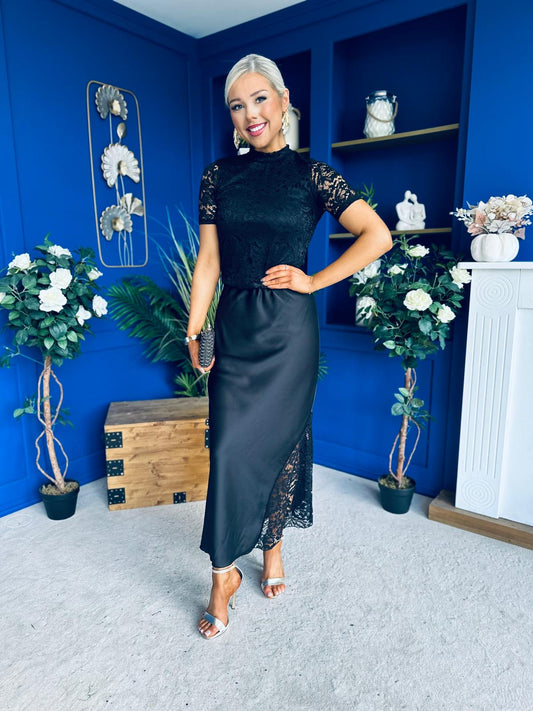 Hollie Detail Top & Satin Skirt Set Black