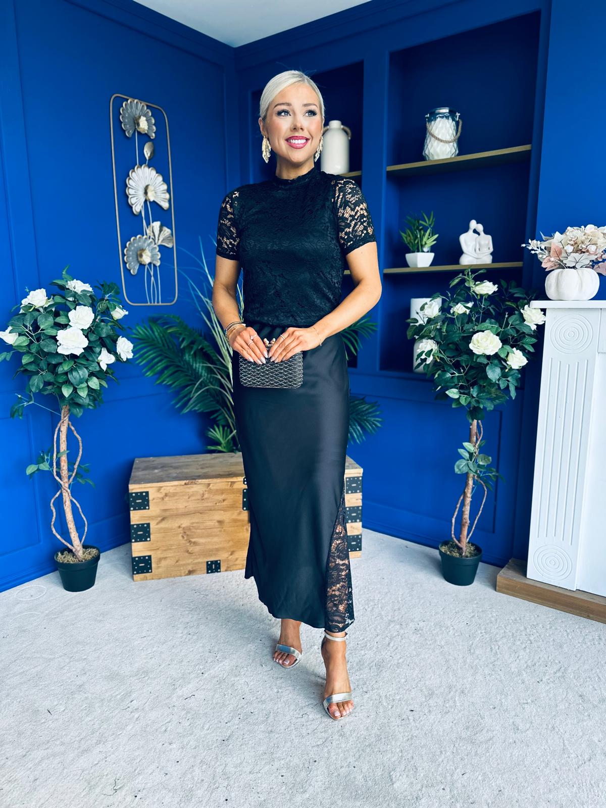 Hollie Detail Top & Satin Skirt Set Black