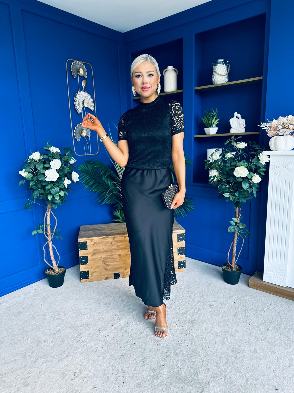 Hollie Detail Top & Satin Skirt Set Black