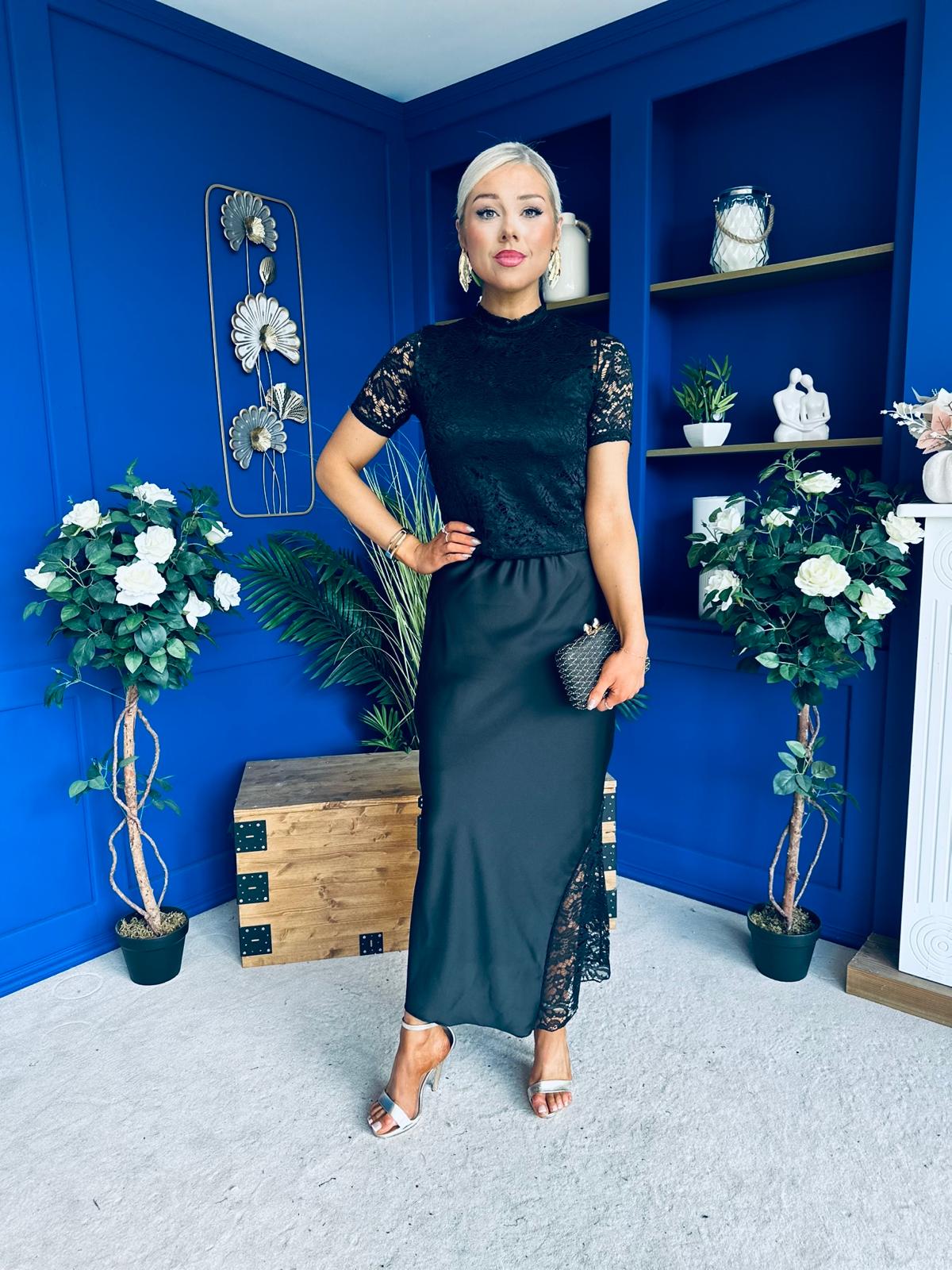 Hollie Detail Top & Satin Skirt Set Black