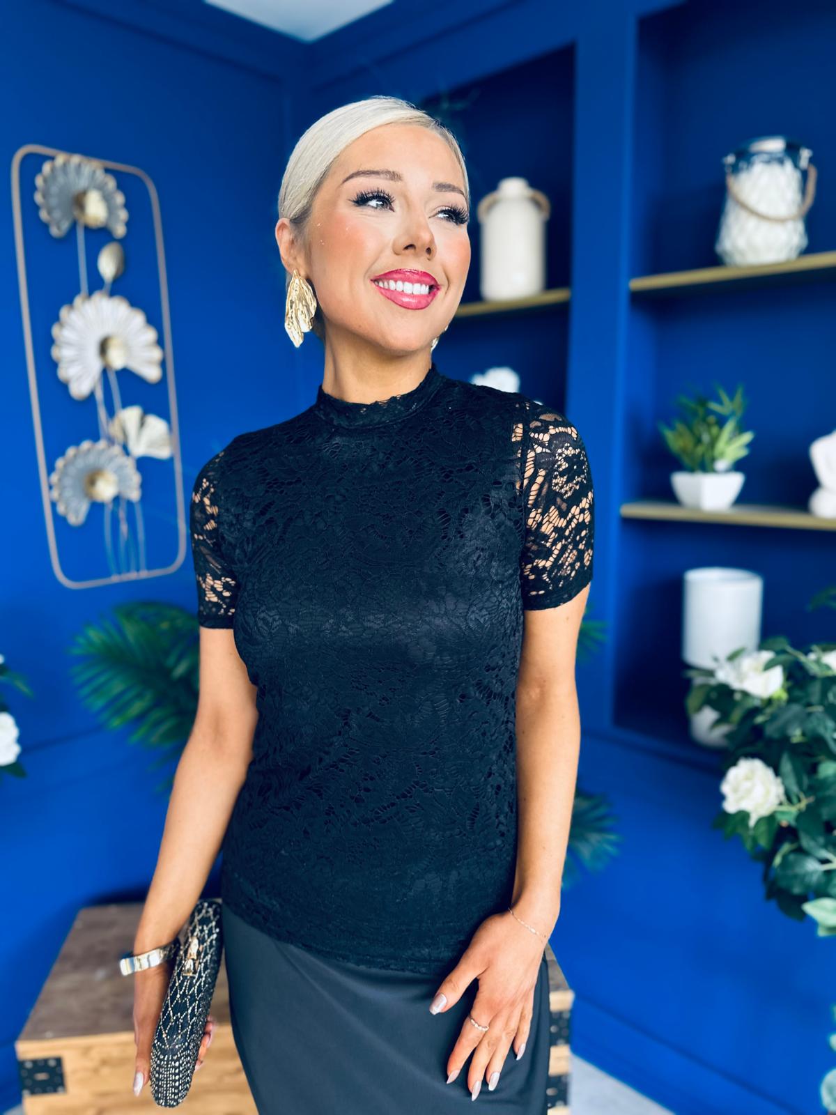 Hollie Detail Top & Satin Skirt Set Black