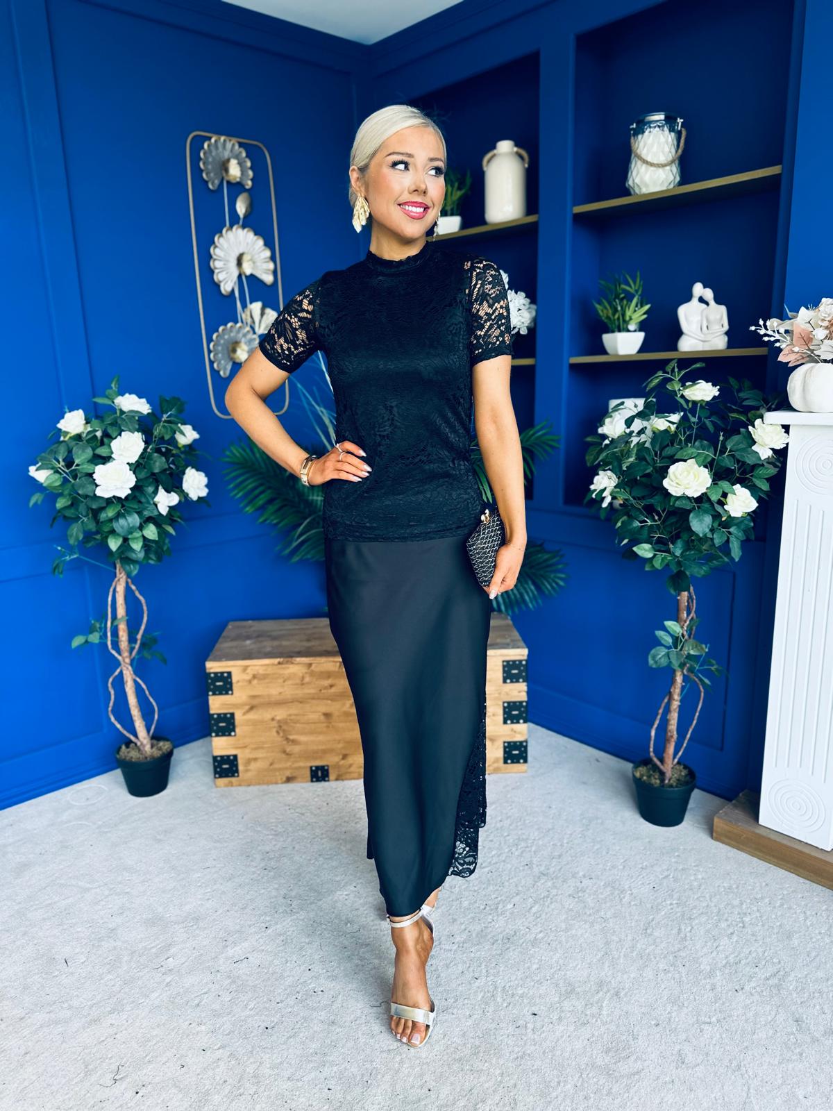 Hollie Detail Top & Satin Skirt Set Black