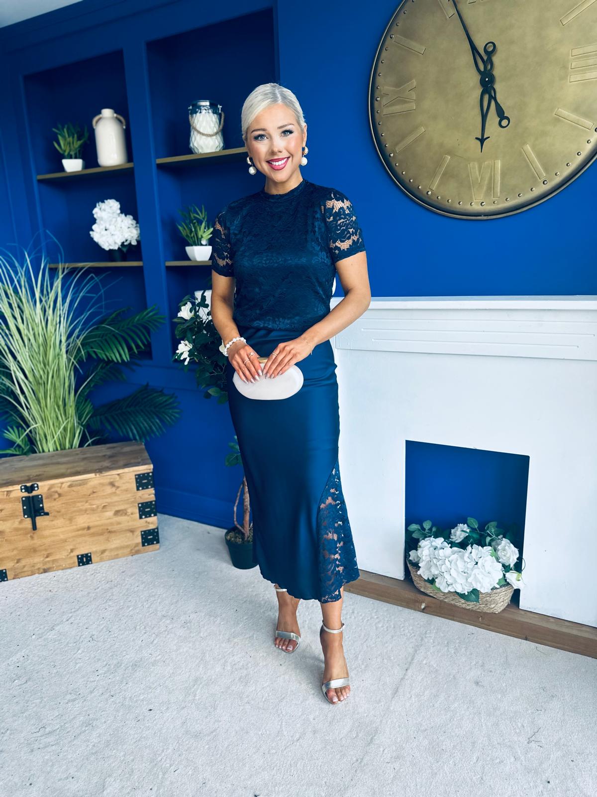 Hollie Detail Top & Satin Skirt Set Navy