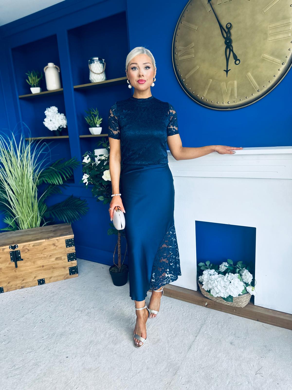 Hollie Detail Top & Satin Skirt Set Navy