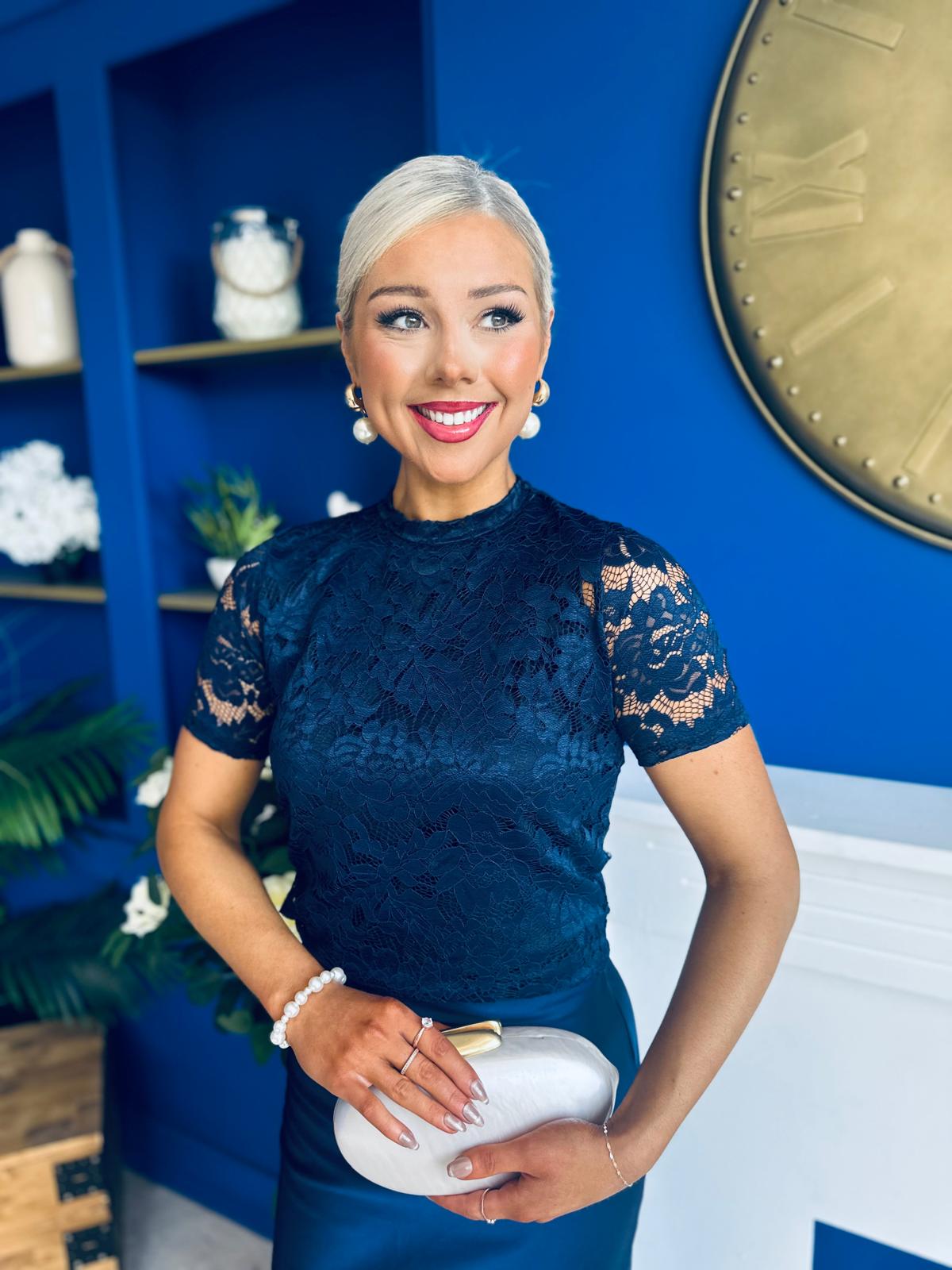 Hollie Detail Top & Satin Skirt Set Navy