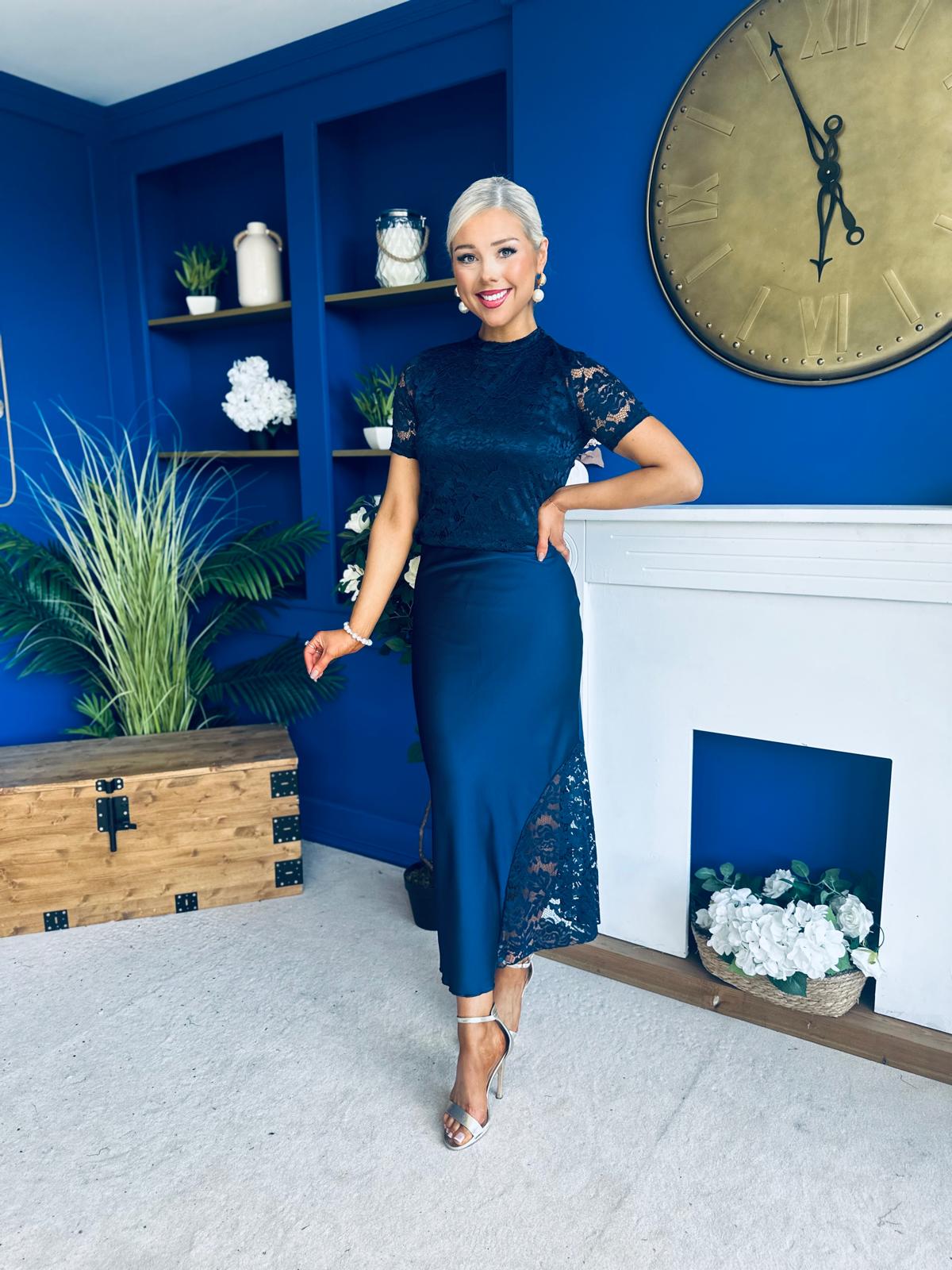 Hollie Detail Top & Satin Skirt Set Navy